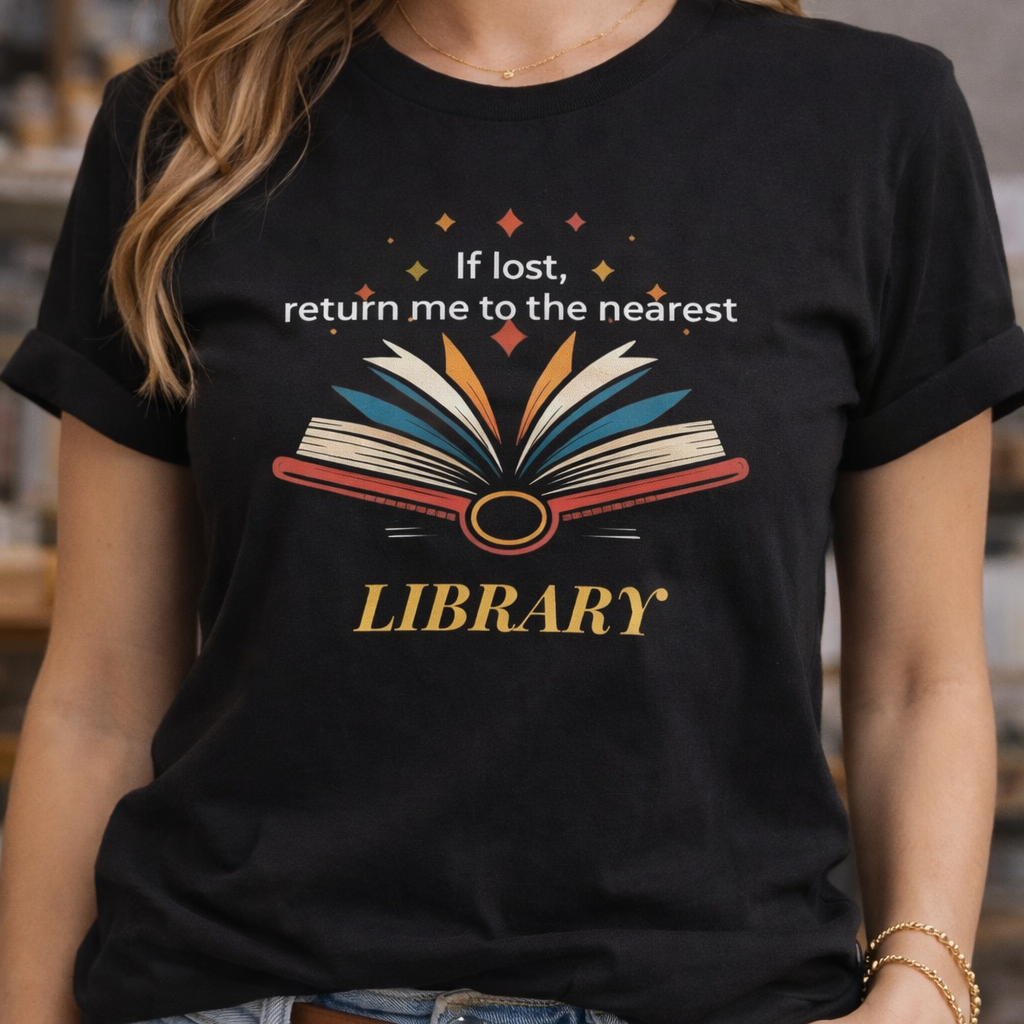 Person wearing a black t-shirt with a library-themed design and text.