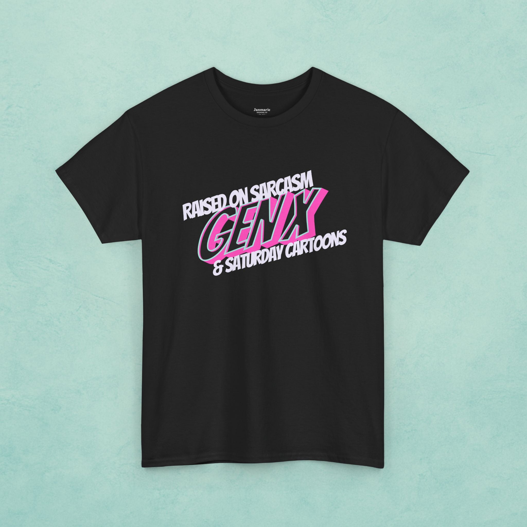 Raised on Sarcasm Gen X Tee | Retro 80s Script, Pink & White Graphic