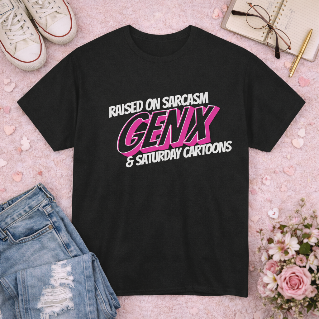 Raised on Sarcasm Gen X Tee | Retro 80s Script, Pink & White Graphic