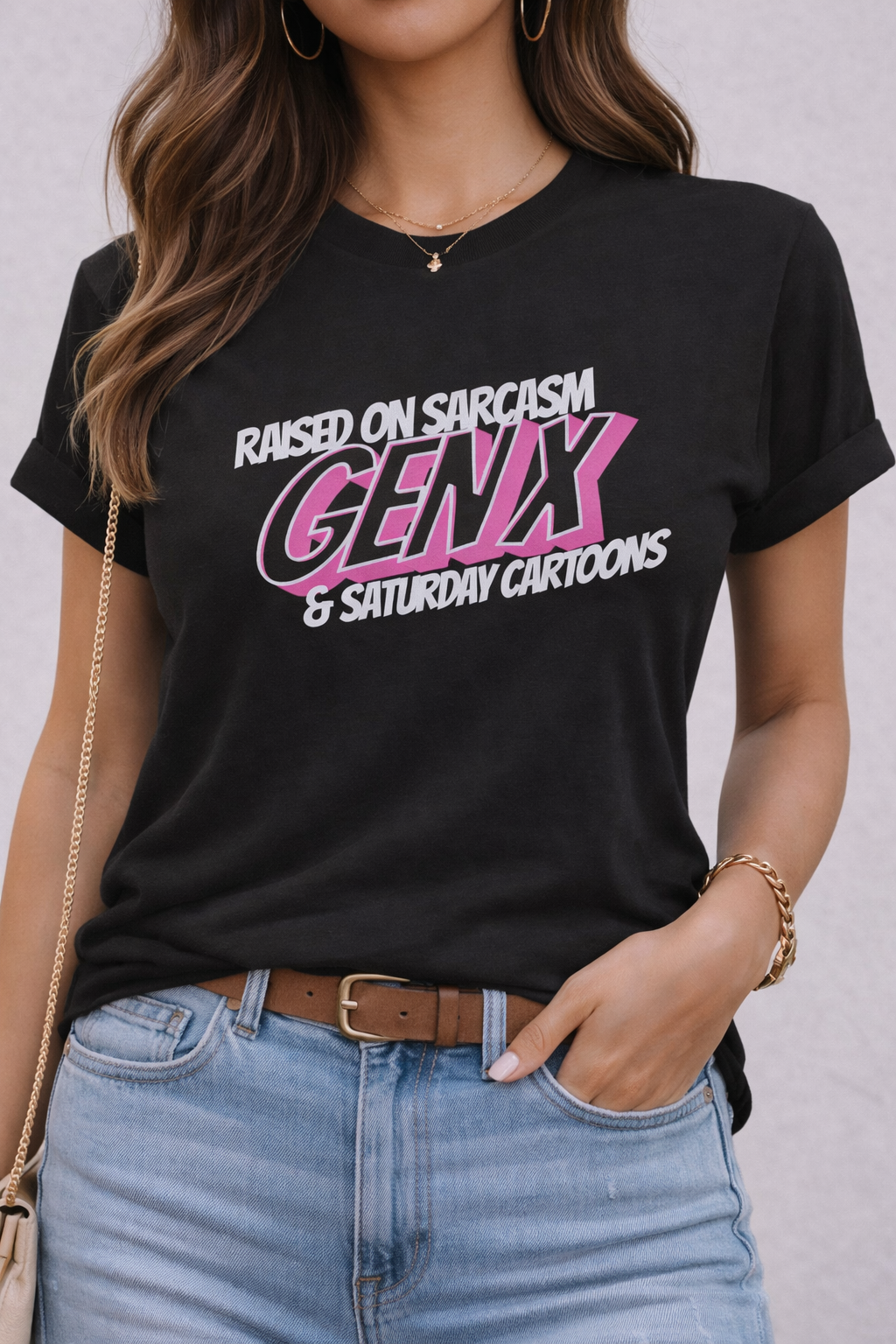 Raised on Sarcasm Gen X Tee | Retro 80s Script, Pink & White Graphic