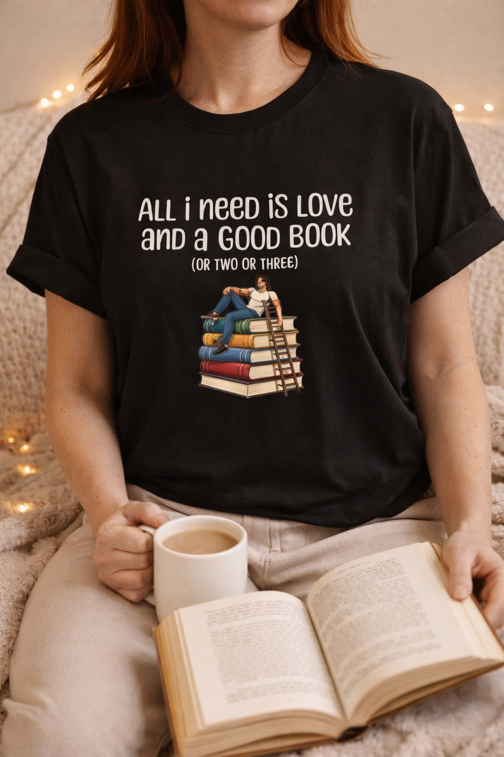 Stack of Books with Reader T-Shirt | Book Lover Reading Tee