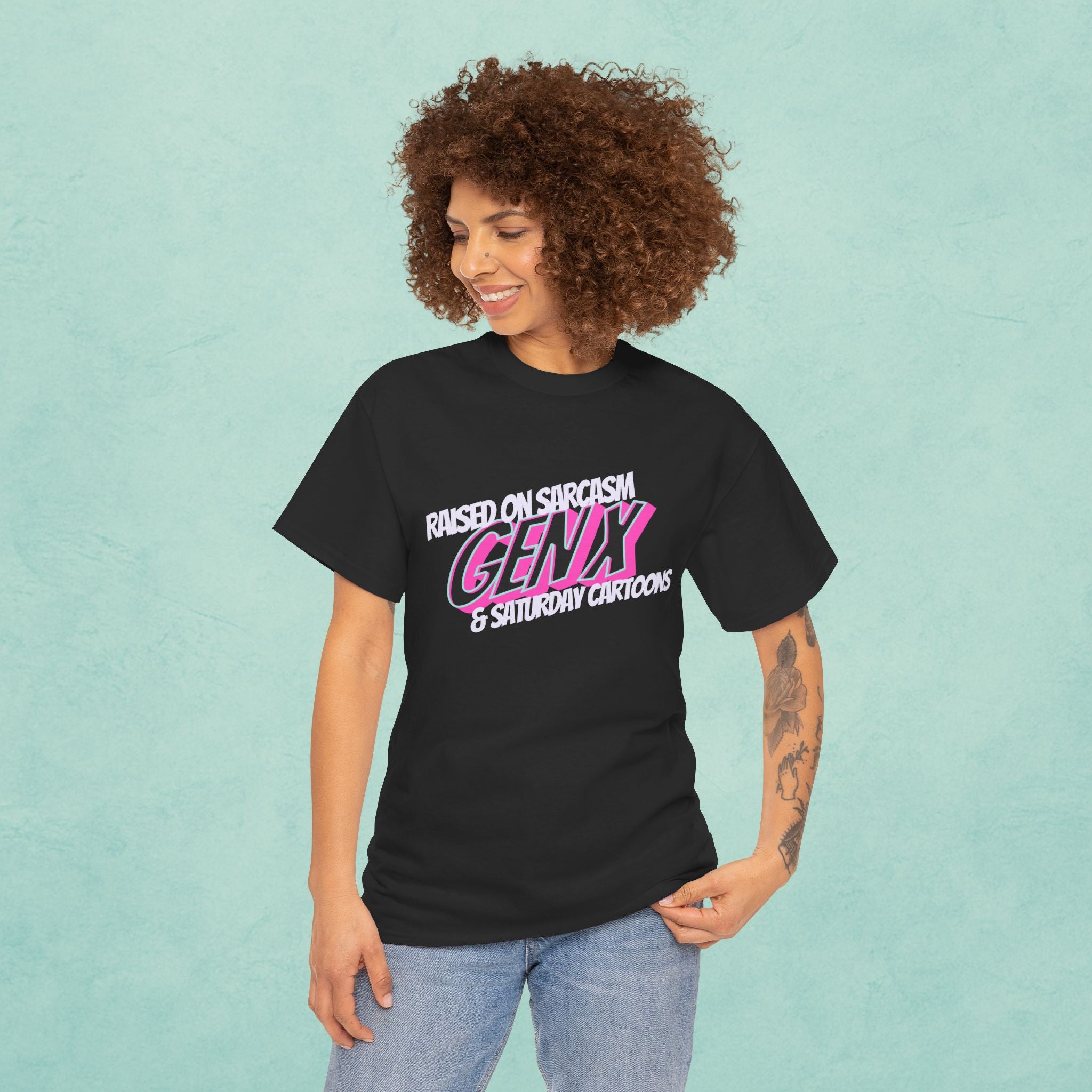 Raised on Sarcasm Gen X Tee | Retro 80s Script, Pink & White Graphic