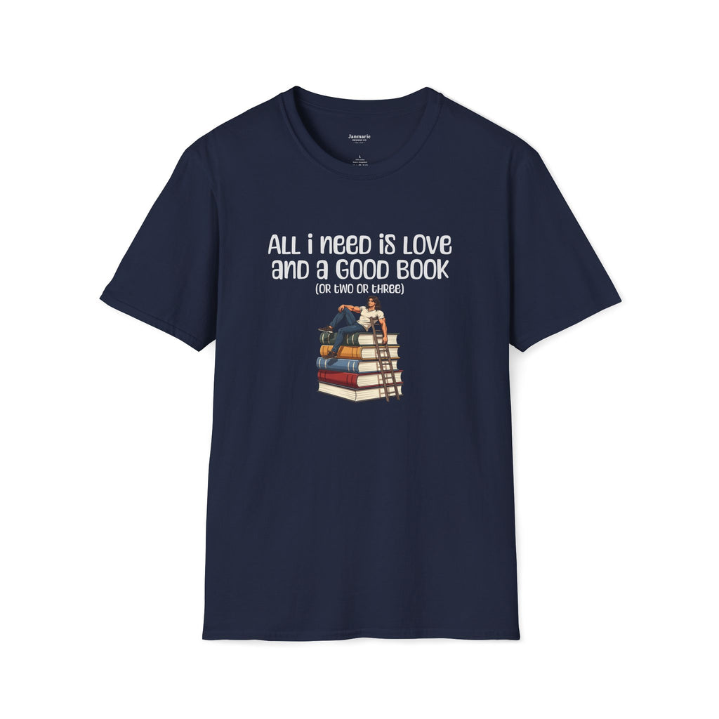 Stack of Books with Reader T-Shirt | Book Lover Reading Tee