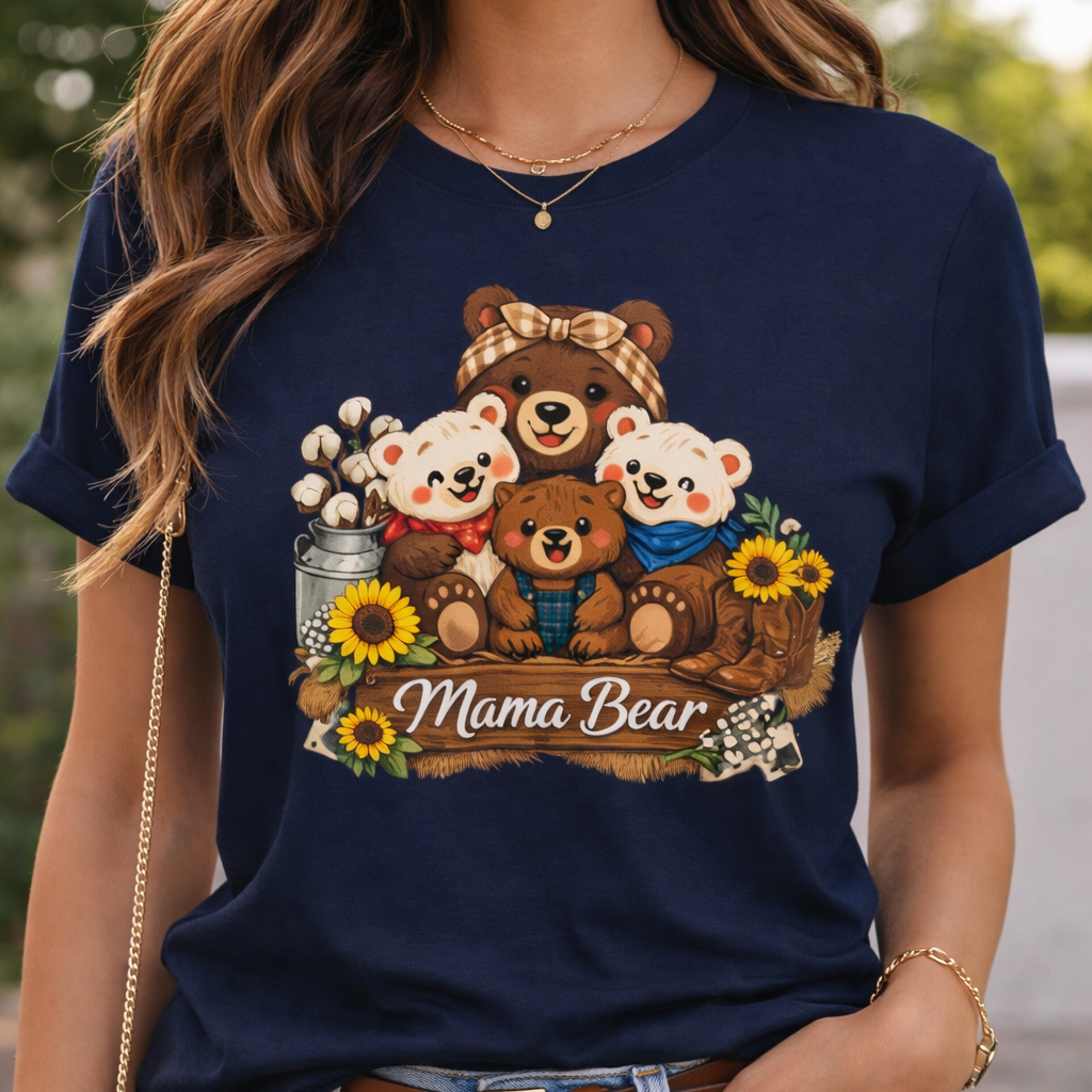 Navy blue t-shirt with bear family graphic and 'Mama Bear' text worn by a person.
