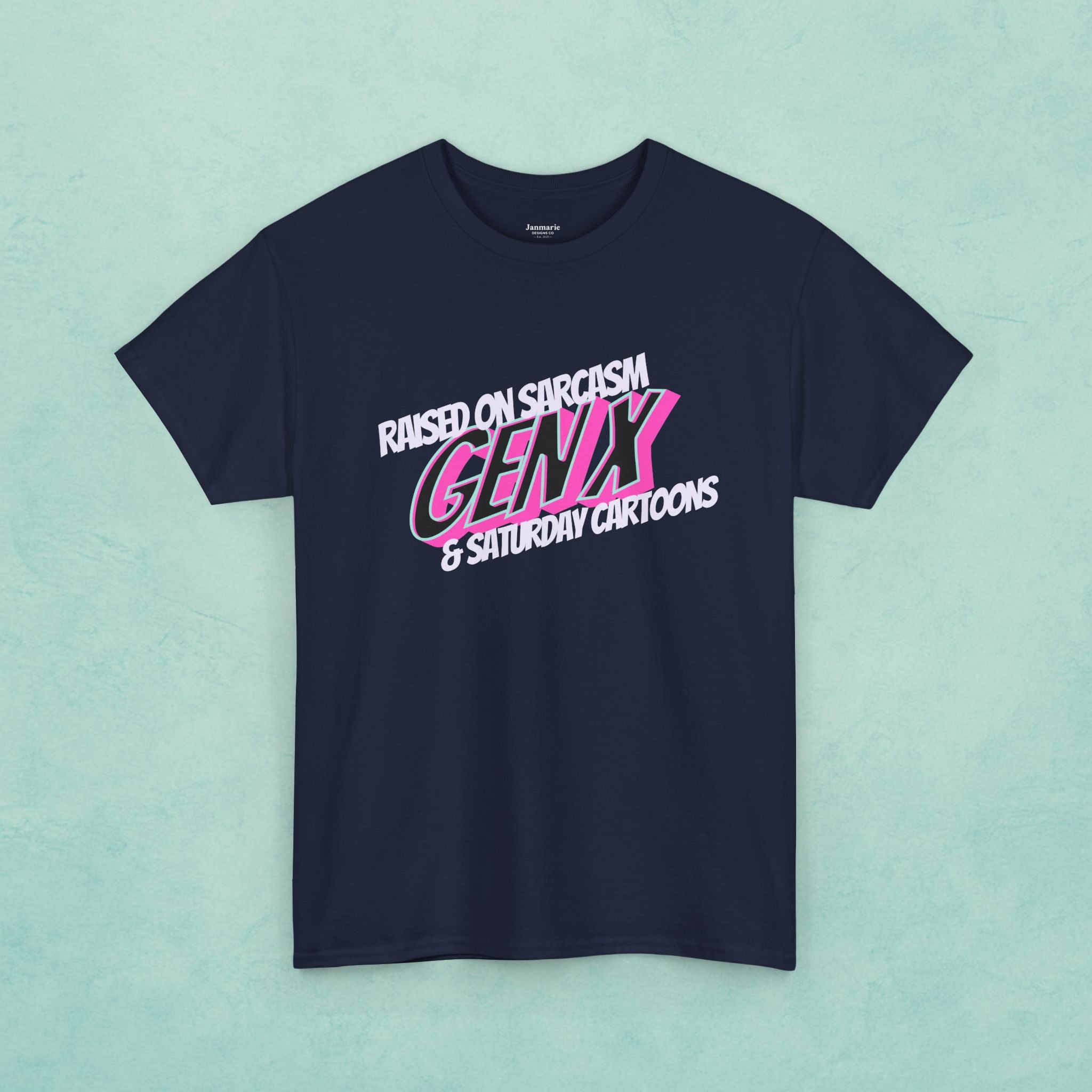 Raised on Sarcasm Gen X Tee | Retro 80s Script, Pink & White Graphic